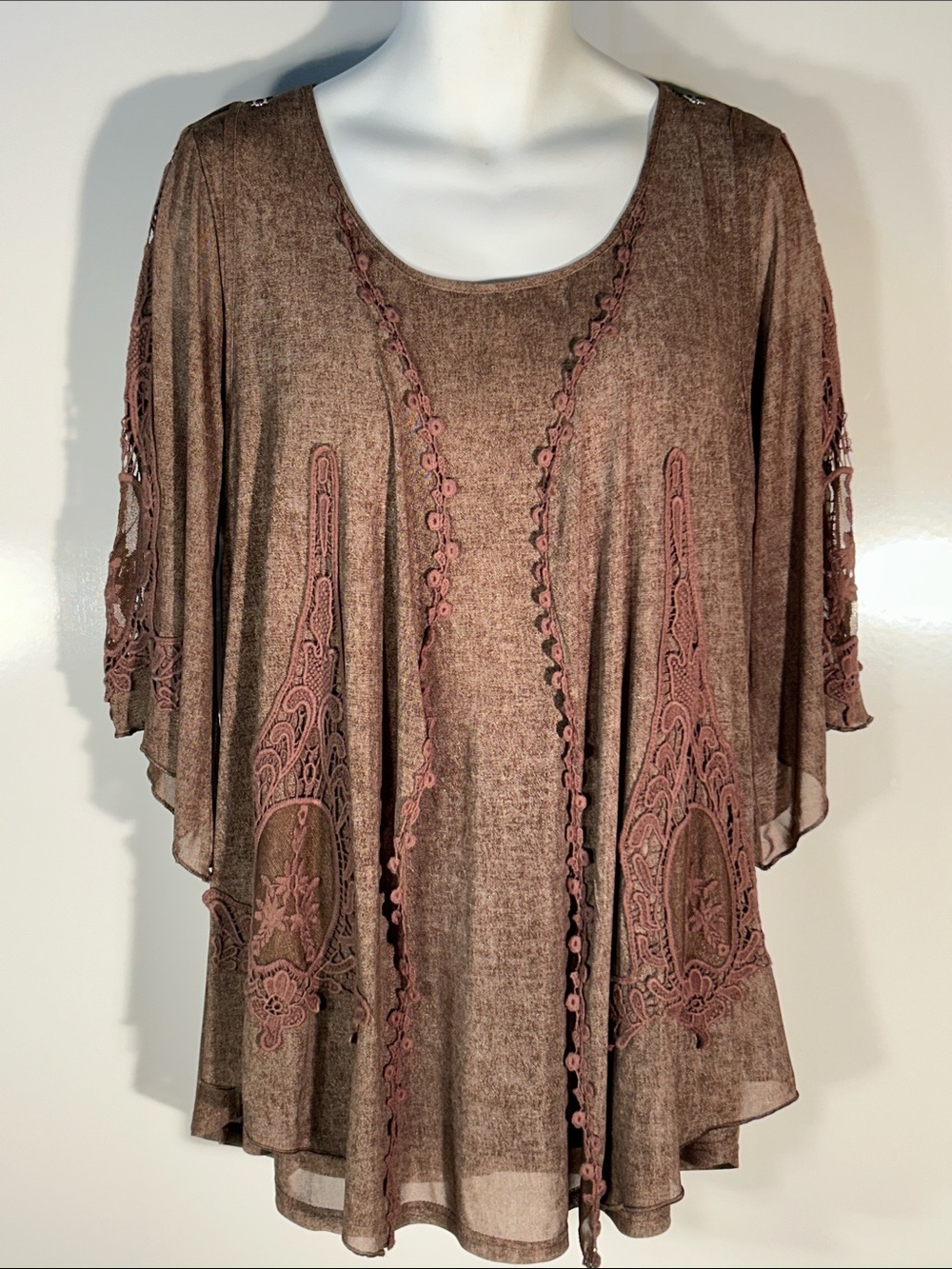 Lagenlook Brown Linen Blend Layered Tunic Lace Resort Boho Comfy Timeless